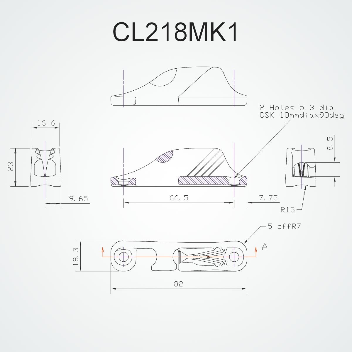 CL218MK1 Clamcleat Side-Entry Port 3-6mm drawing